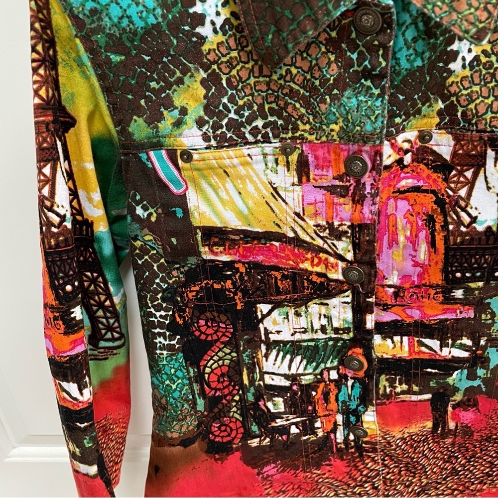 Kaktus Vintage Paris Streets Print Lightweight Denim Art to Wear Vibrant Jacket - Picture 10 of 15